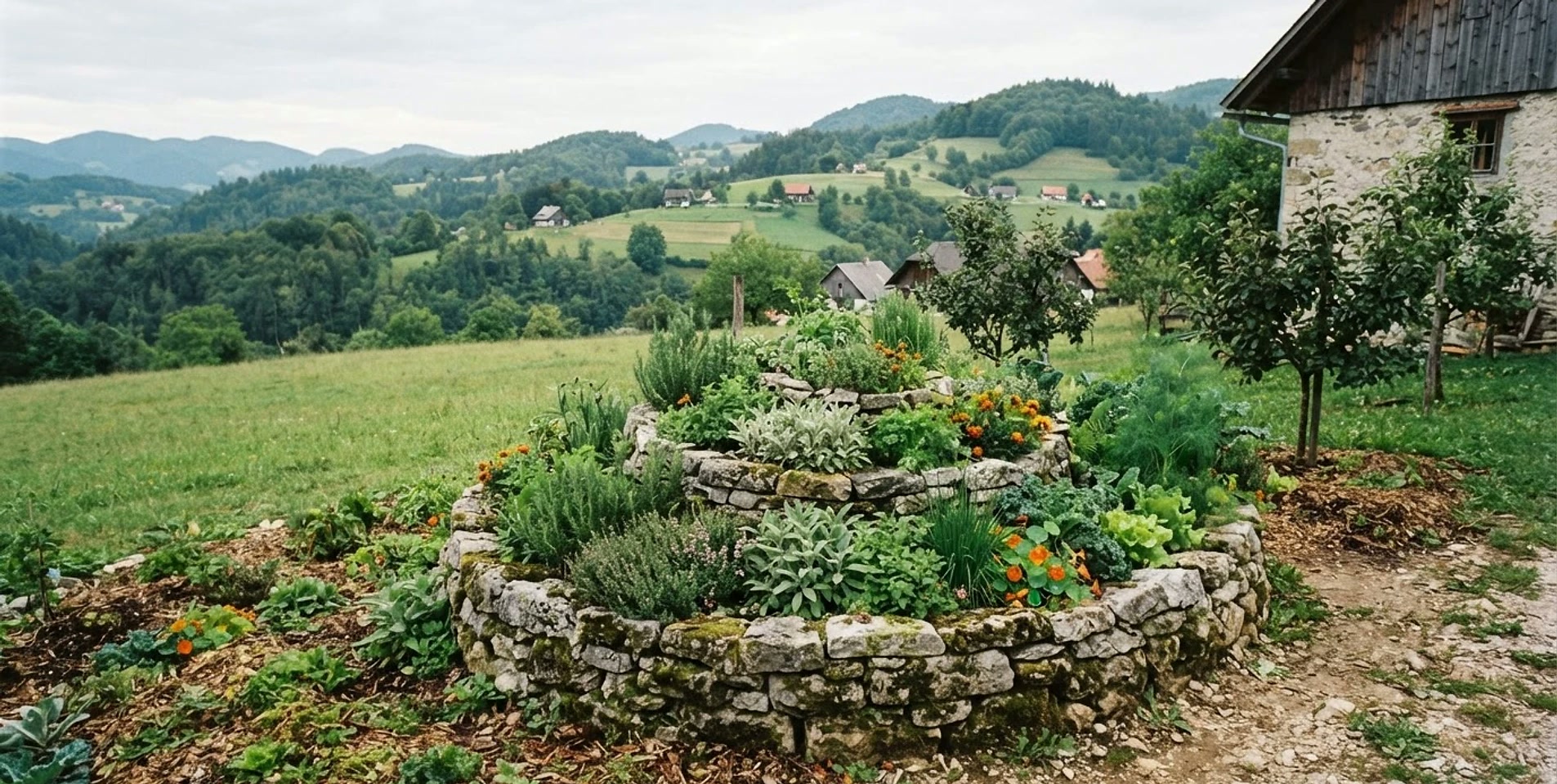 Spiralna gredica v sonaravno urejenem gozdnem vrtu Naj Raste